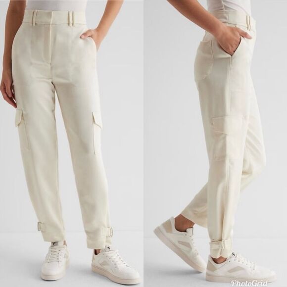 Express White Cream Super High Waisted Satin Cargo Ankle Pants - Picture 1 of 11